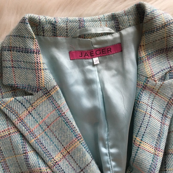 Jaeger wool blend plaid coat US12 blue aqua button - Picture 3 of 8